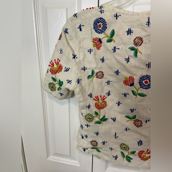 VTG 1960s FLORAL CREWEL EMBROIDERY CREAM LINEN CHILDREN HANDMADE BLOUSE TOP SZ S - Picture 9 of 14